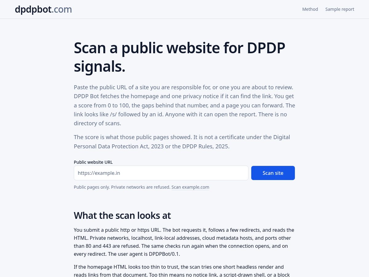 Landing-page snapshot of dpdpbot.com