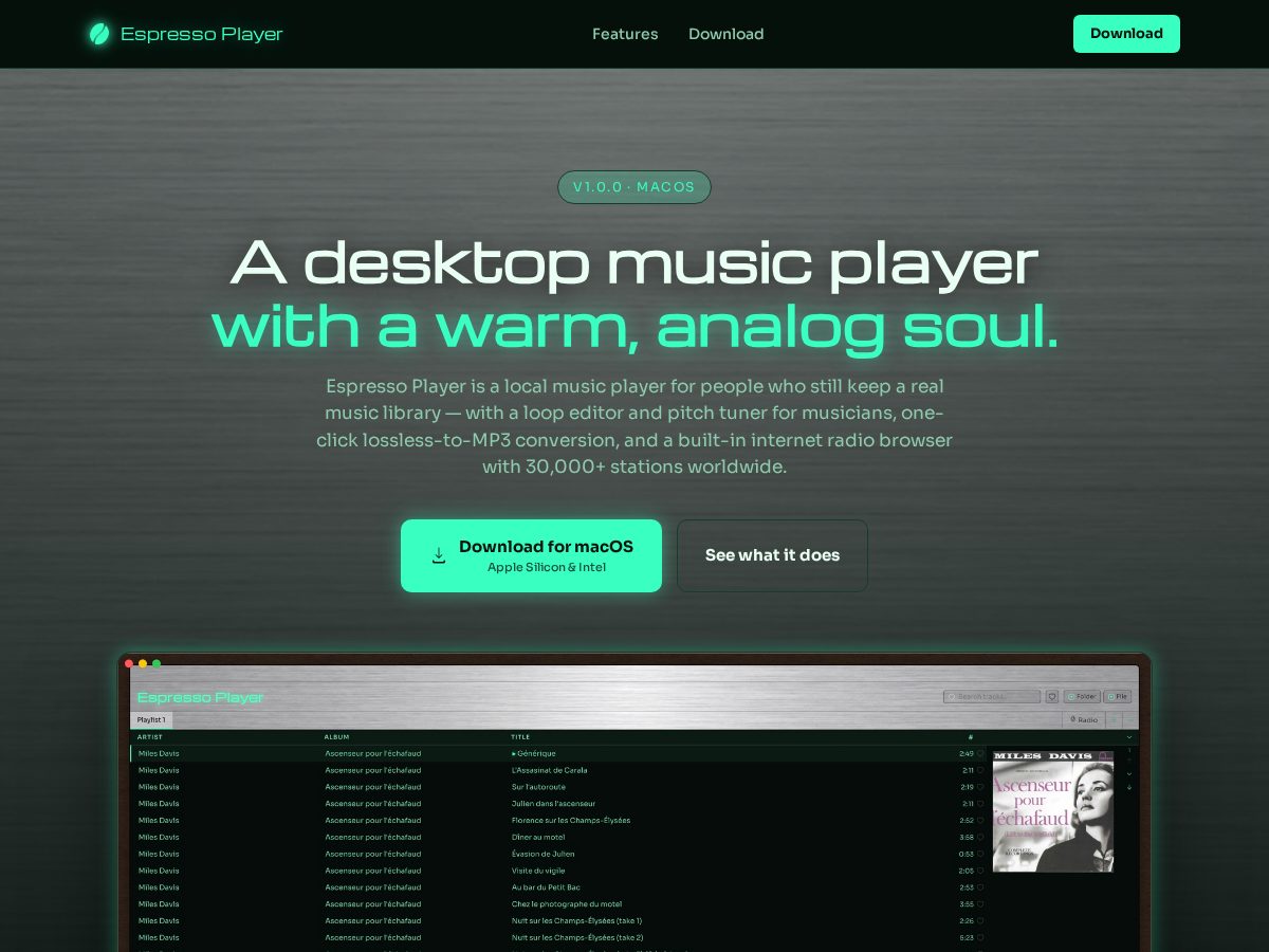 Landing-page snapshot of espressoplayer.com