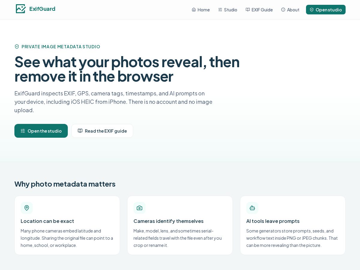 Landing-page snapshot of exifguard.com