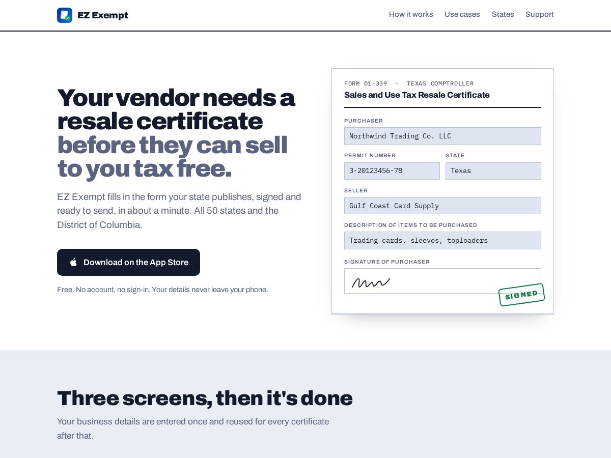 Landing-page snapshot of ezexempt.com