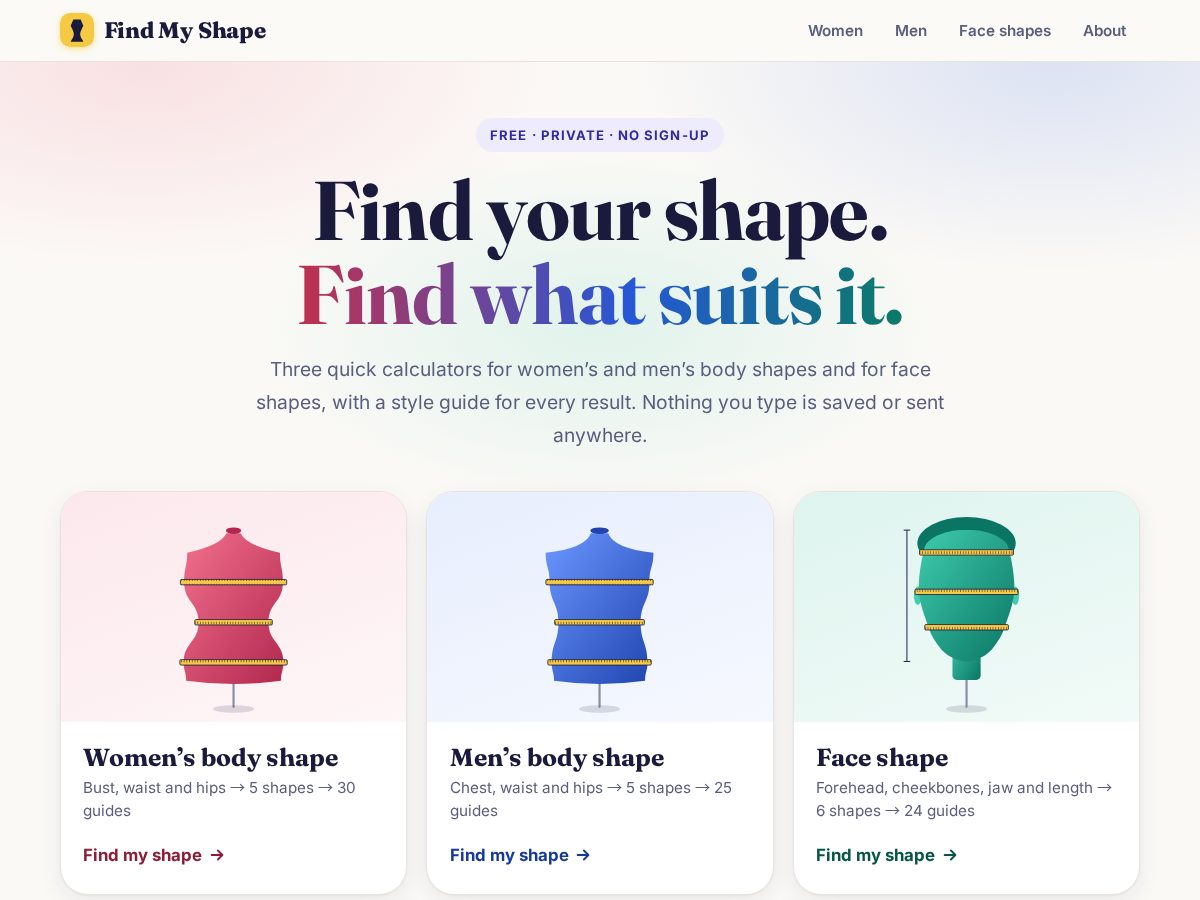 Landing-page snapshot of findmyshape.com