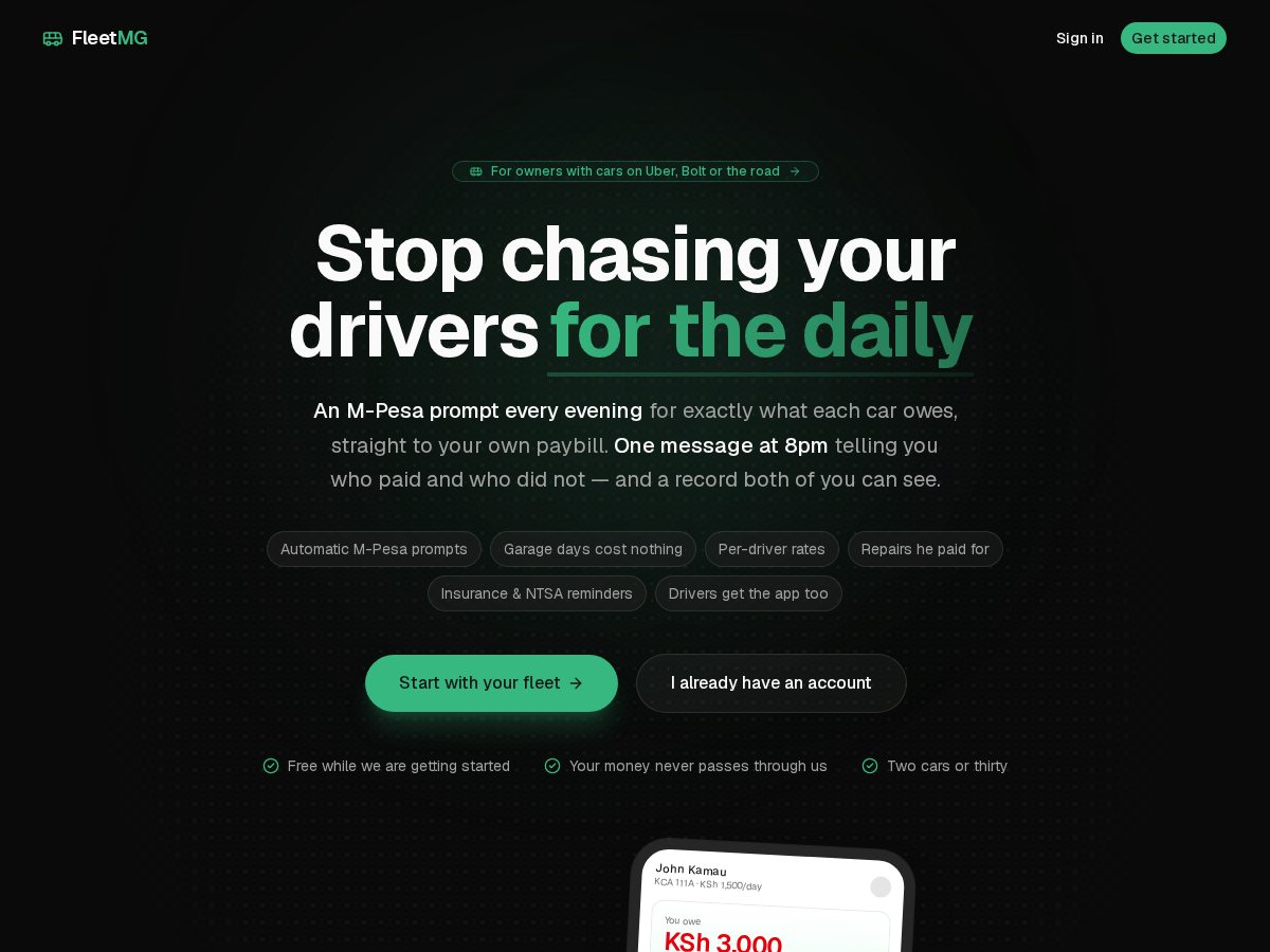 Landing-page snapshot of fleetmg.com