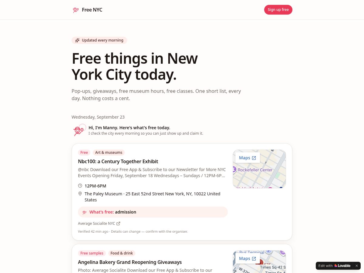 Landing-page snapshot of freenyc.app