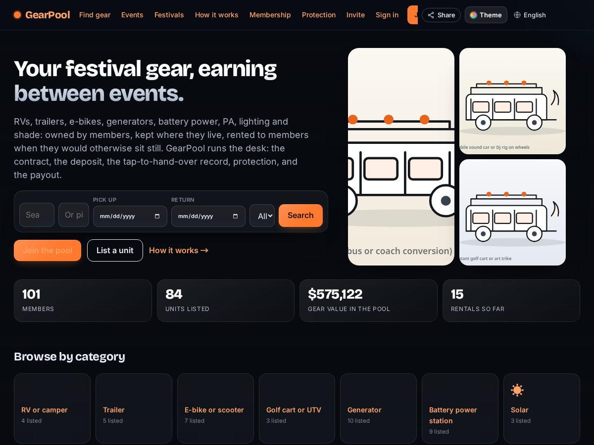 Landing-page snapshot of gearpool.rentals