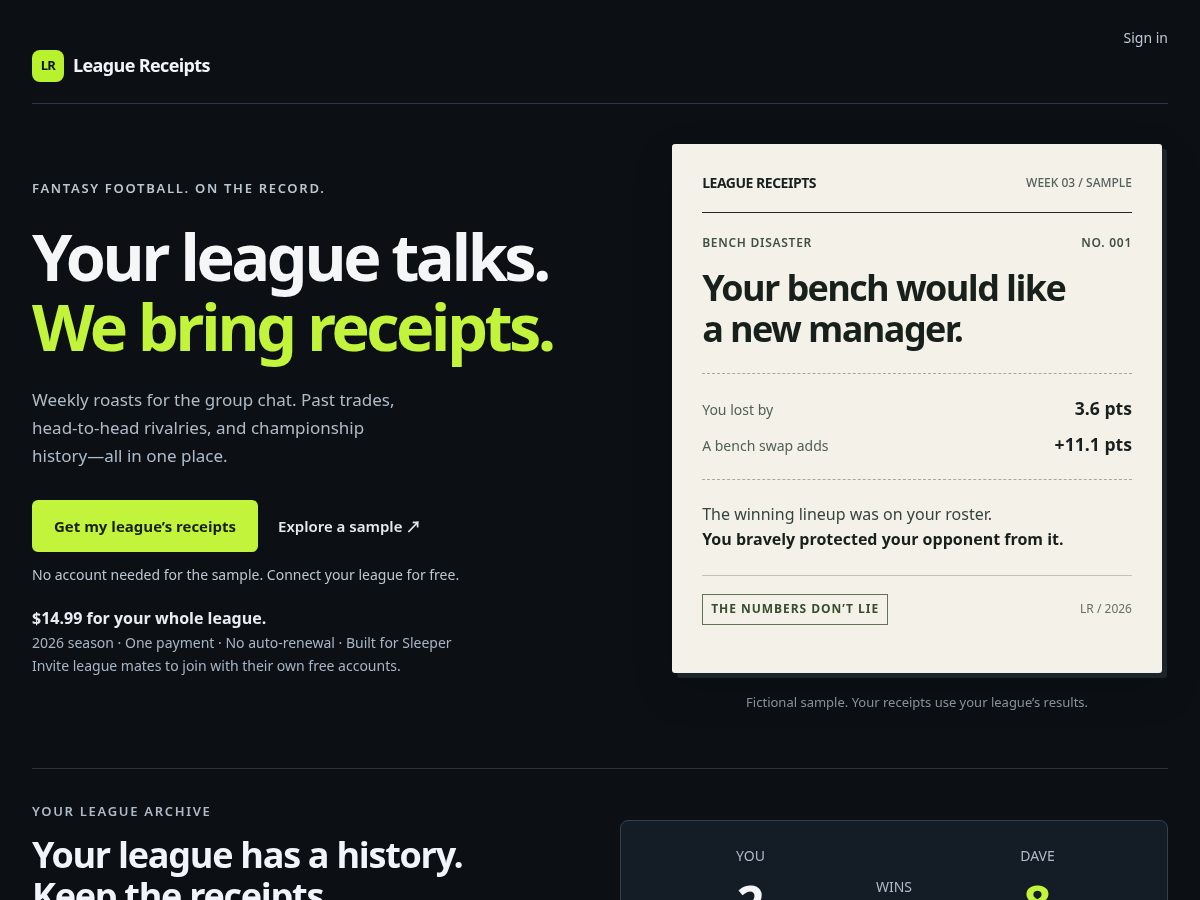 Landing-page snapshot of getleaguereceipts.com