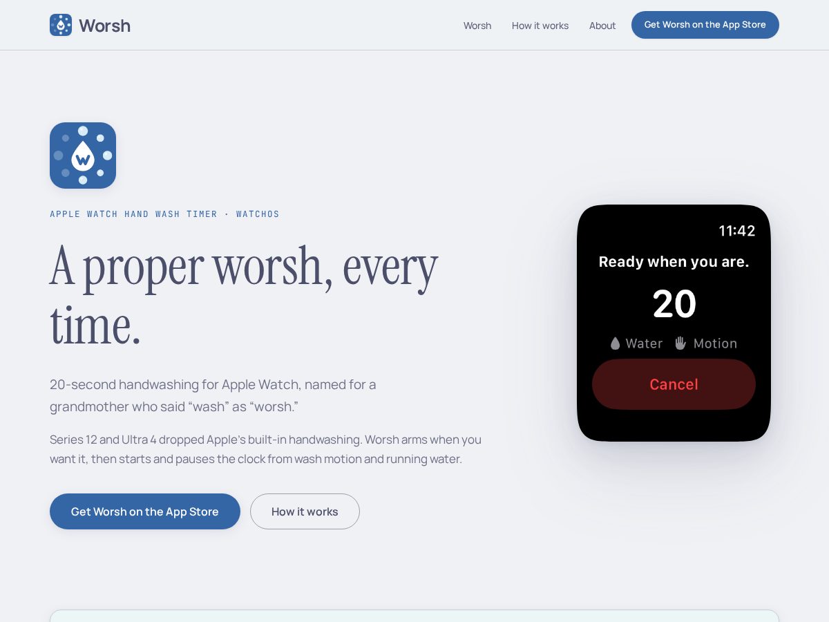 Landing-page snapshot of getworsh.app