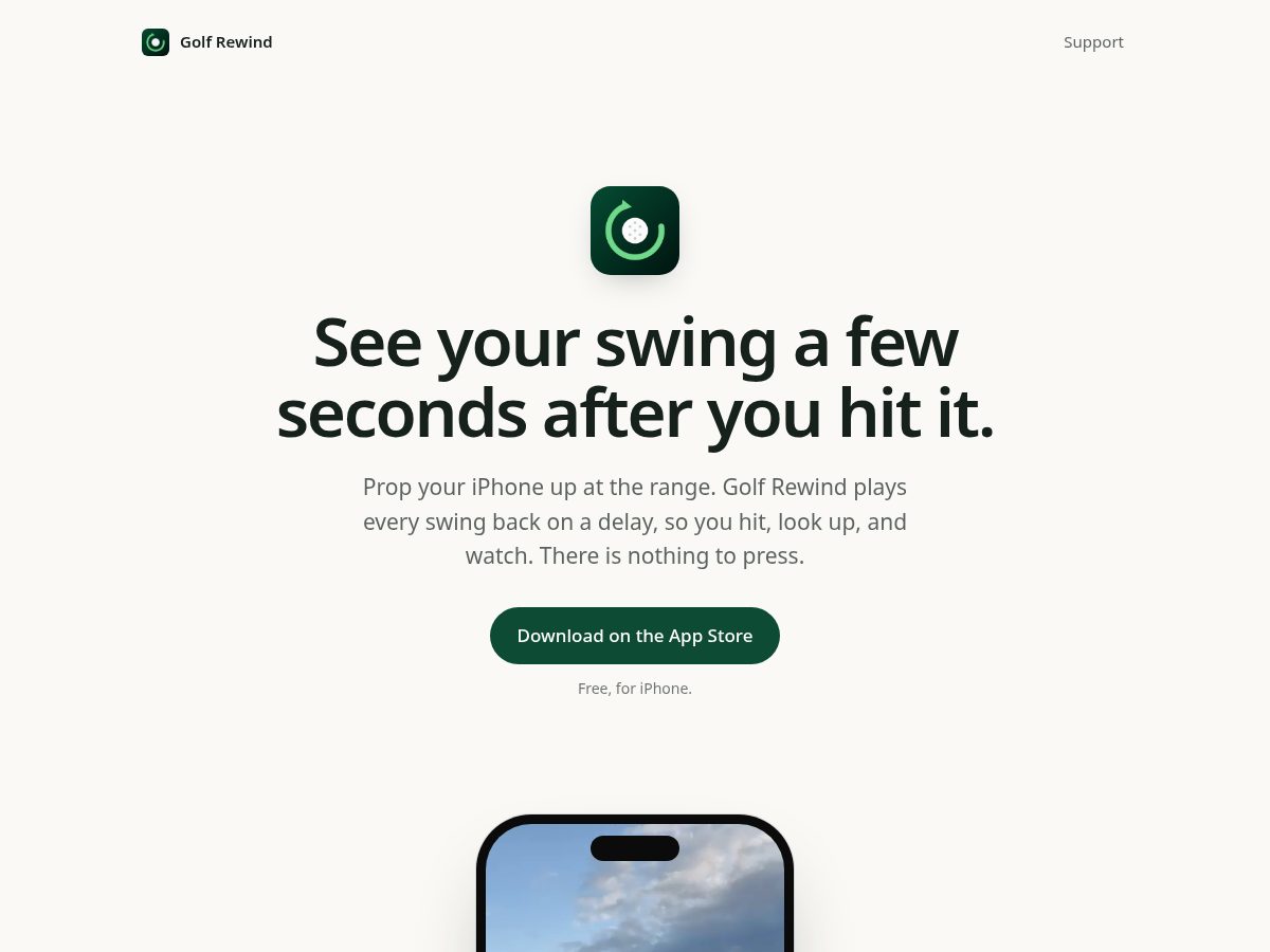 Landing-page snapshot of golfrewindapp.com