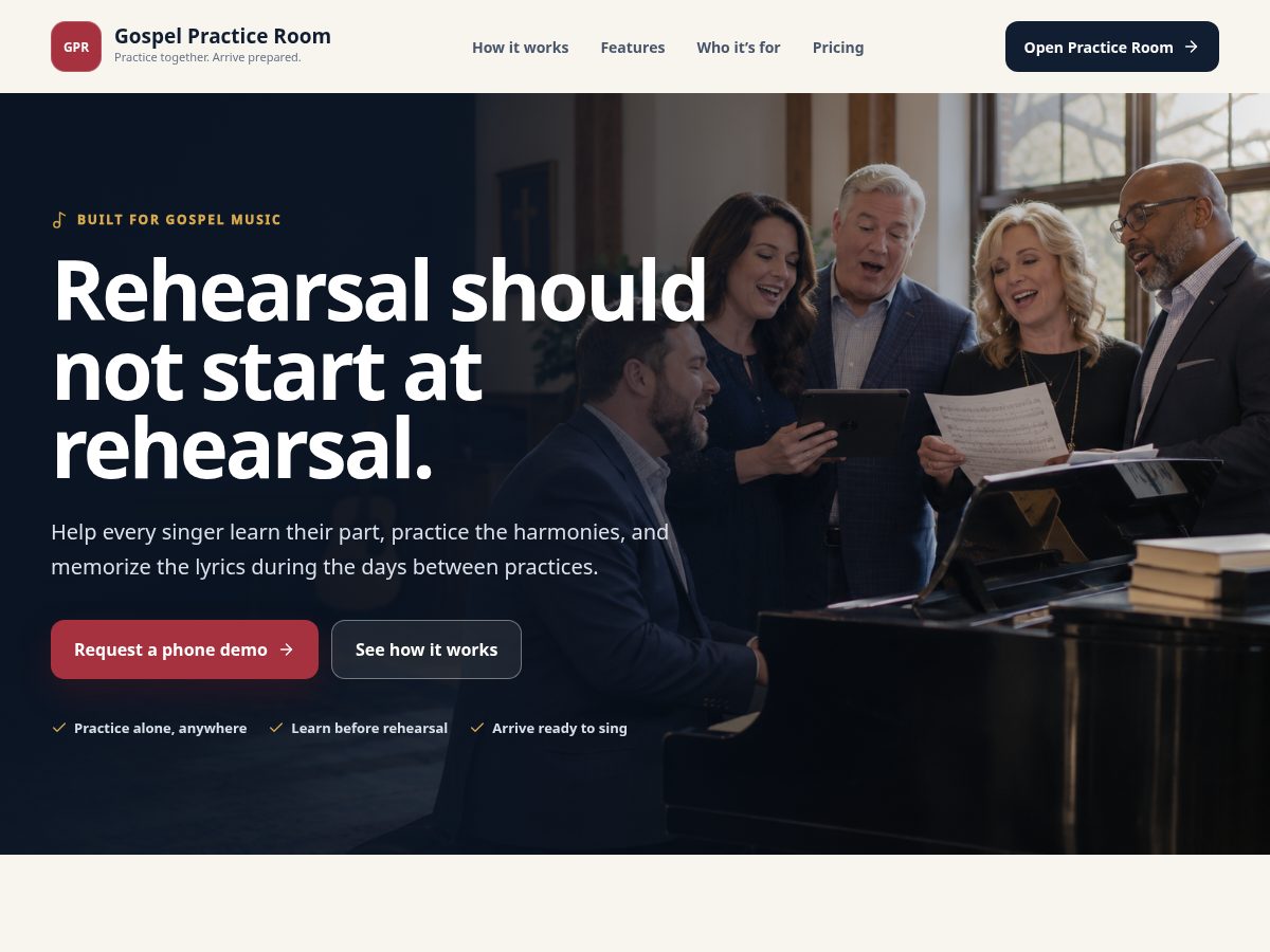Landing-page snapshot of gospelpracticeroom.com