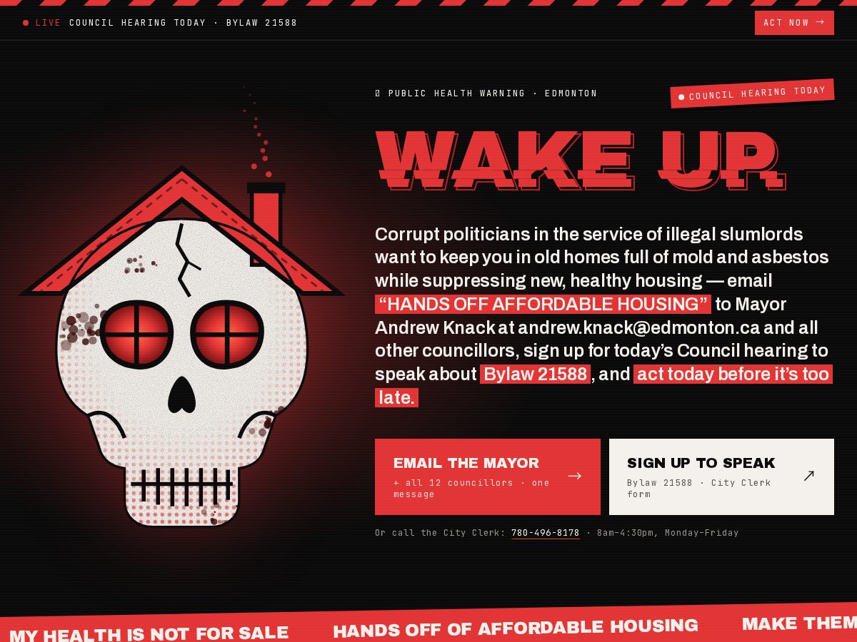 Landing-page snapshot of handsoffofaffordablelivinginedmonton.city