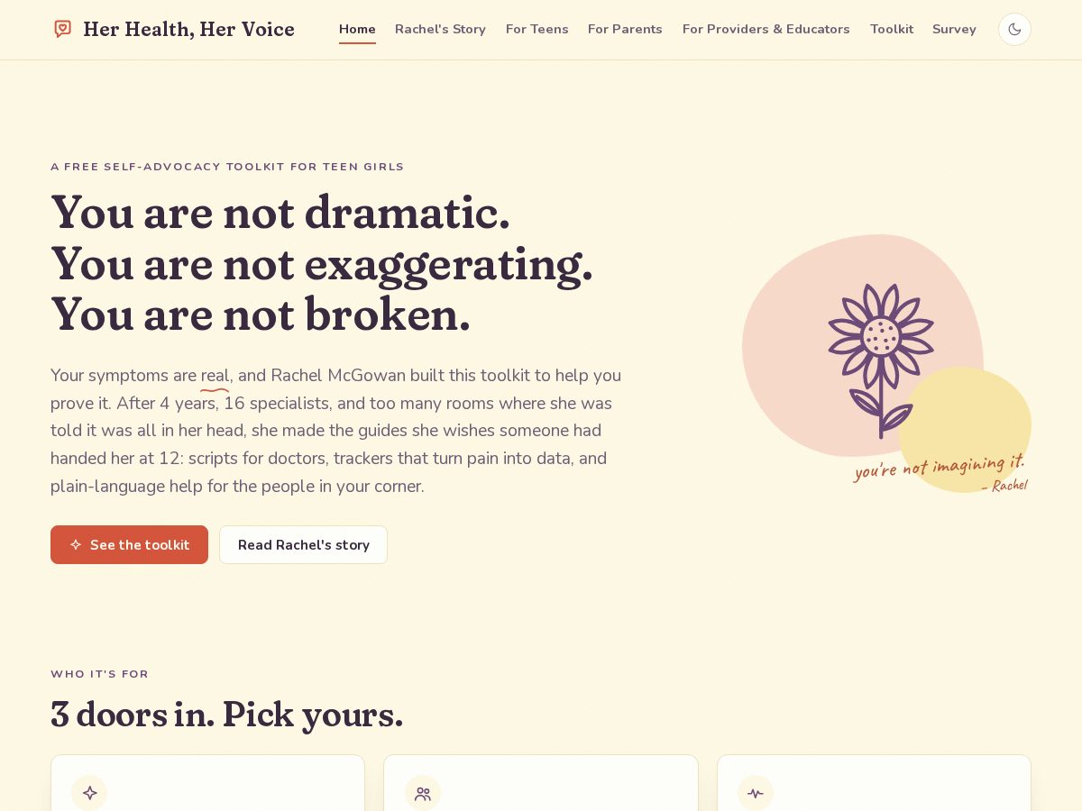 Landing-page snapshot of herhealthhervoice.com