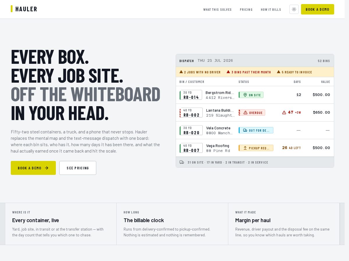 Landing-page snapshot of heyhauler.com