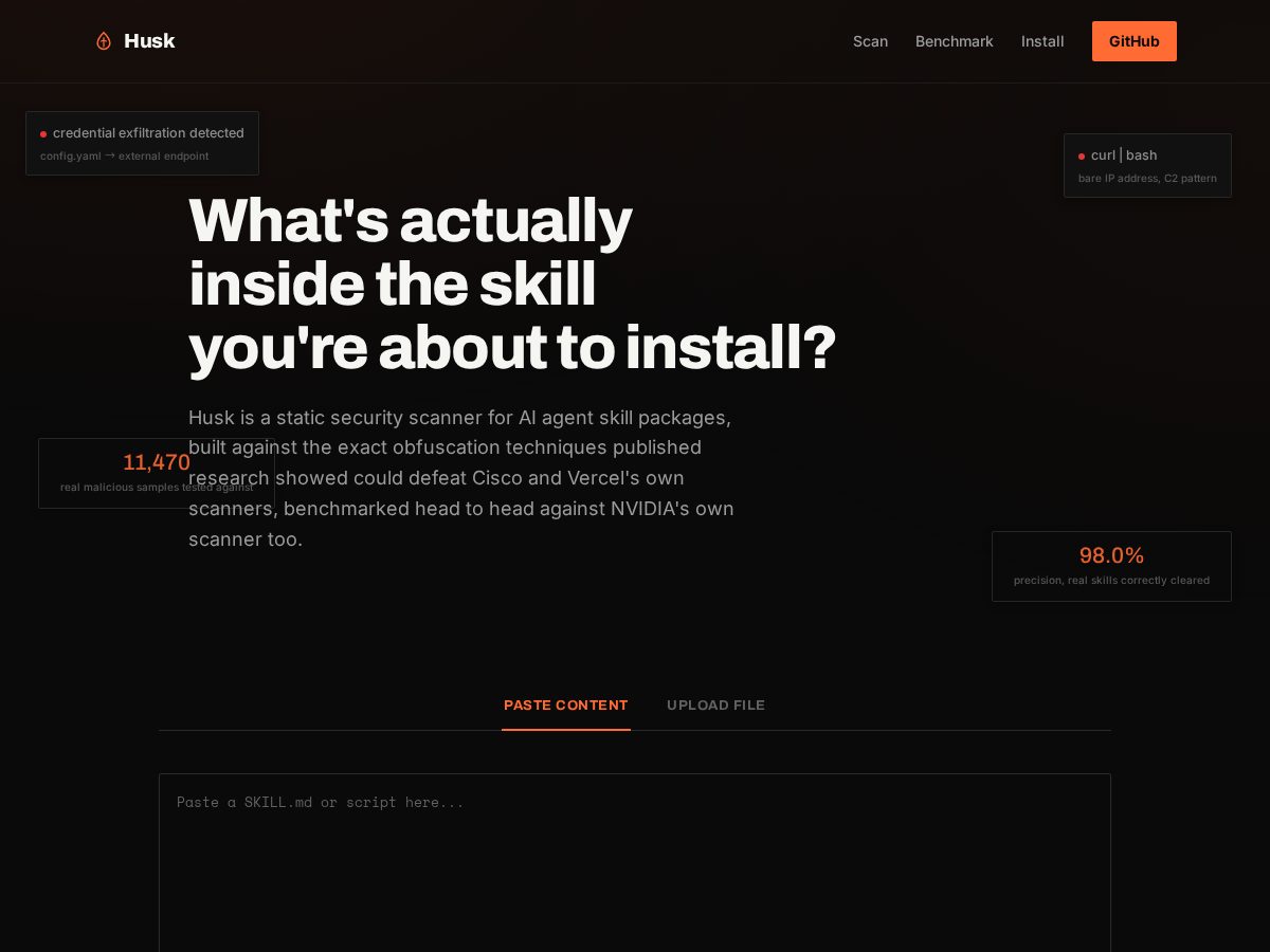 Landing-page snapshot of husk.zone