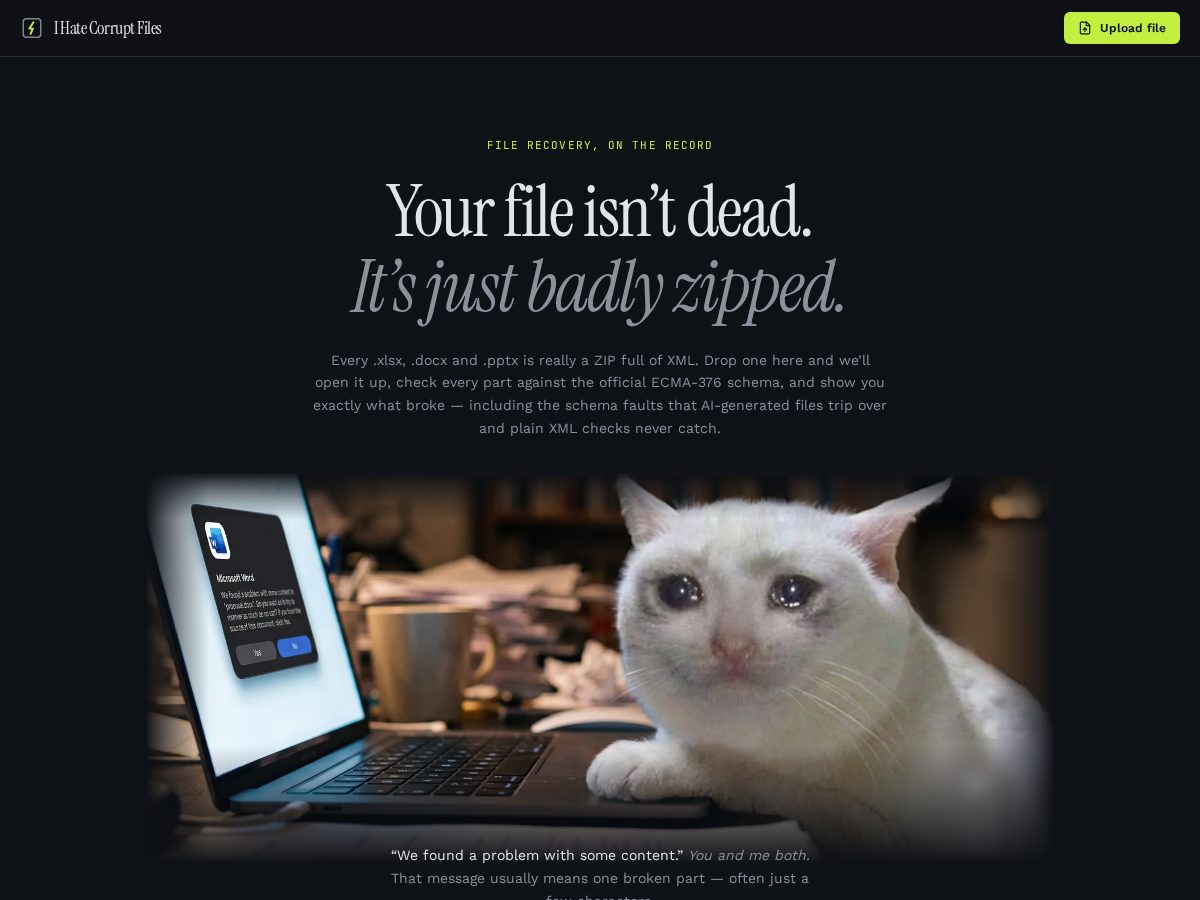 Landing-page snapshot of ihatecorruptfiles.xyz