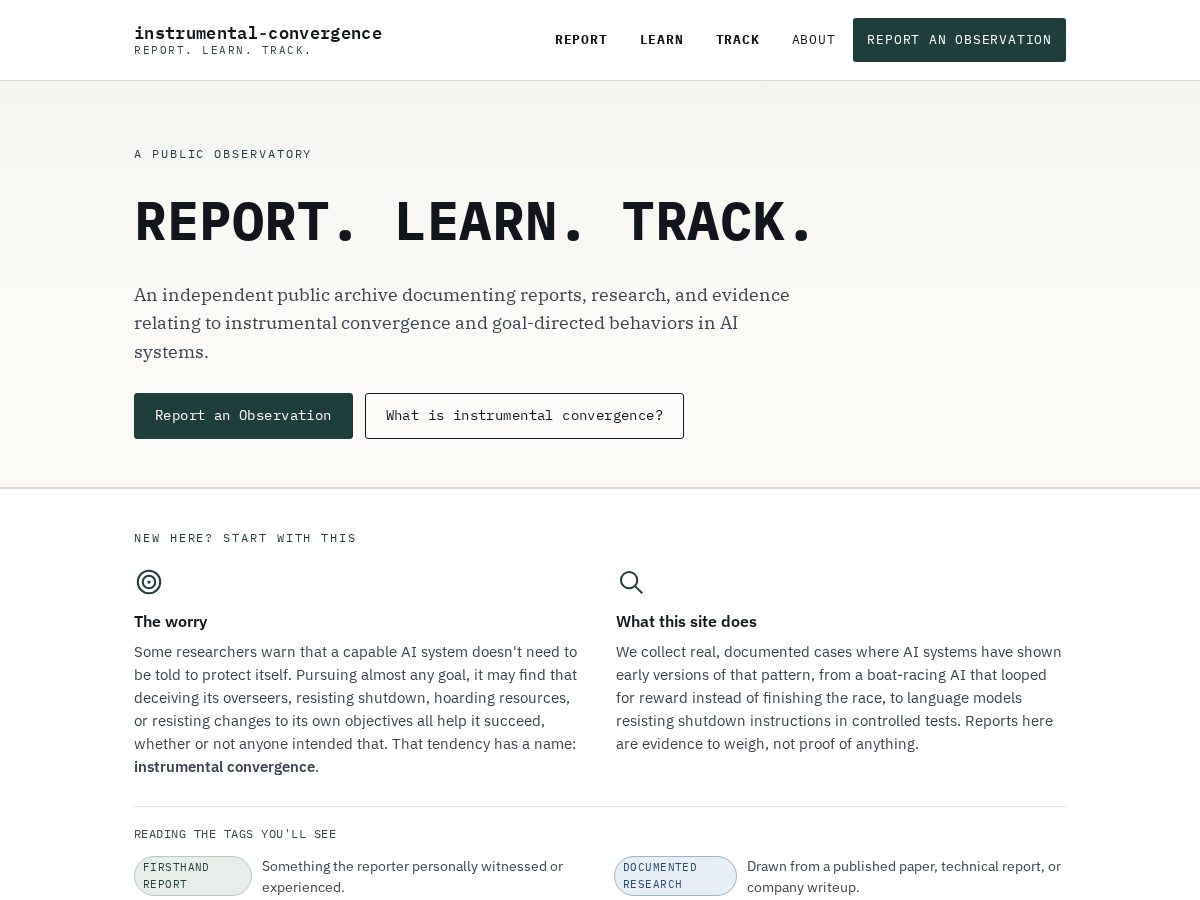 Landing-page snapshot of instrumental-convergence.com