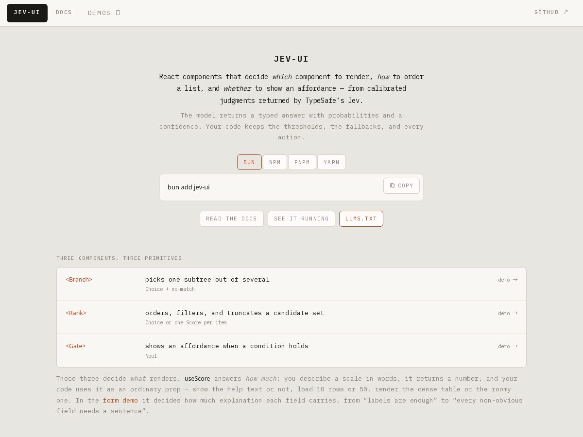 Landing-page snapshot of jev-ui.dev