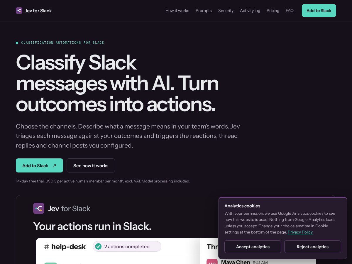 Landing-page snapshot of jevforslack.com