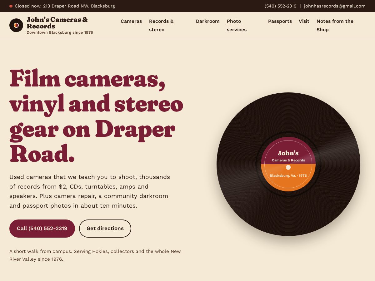 Landing-page snapshot of johnscamerasandrecords.com