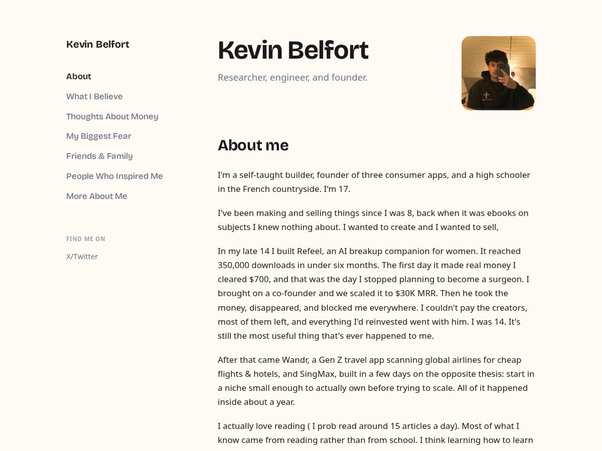 Landing-page snapshot of kevinbelfort.com