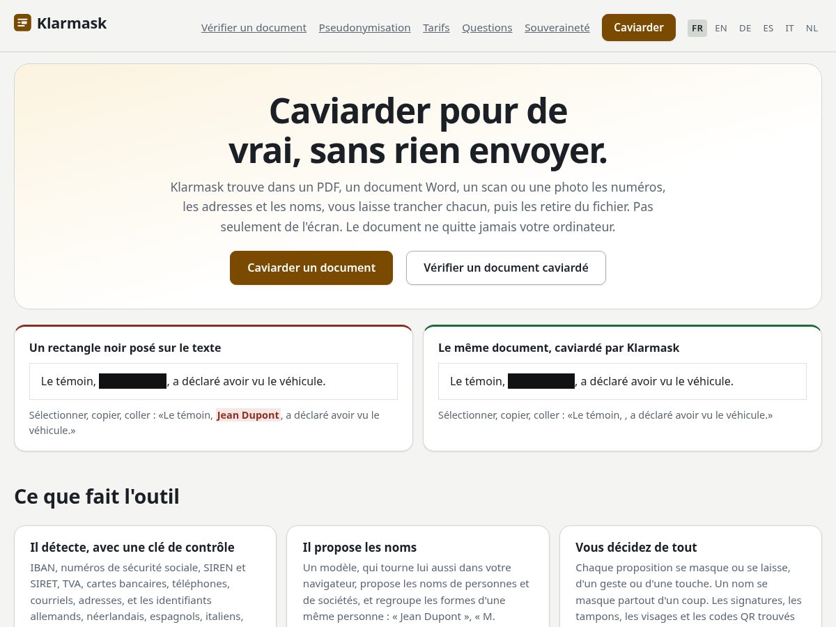 Landing-page snapshot of klarmask.com