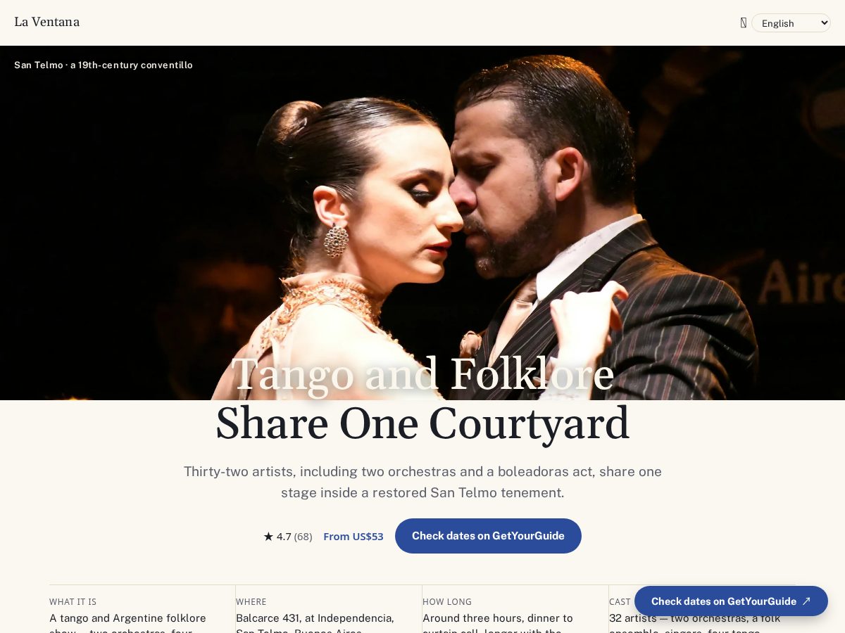 Landing-page snapshot of laventanatangoshow.com