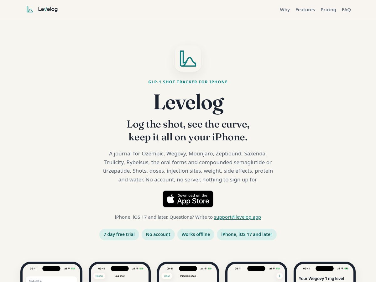 Landing-page snapshot of levelog.app