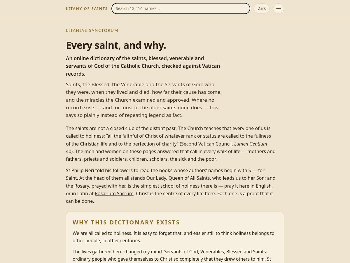 Landing-page snapshot of litanyofsaints.com