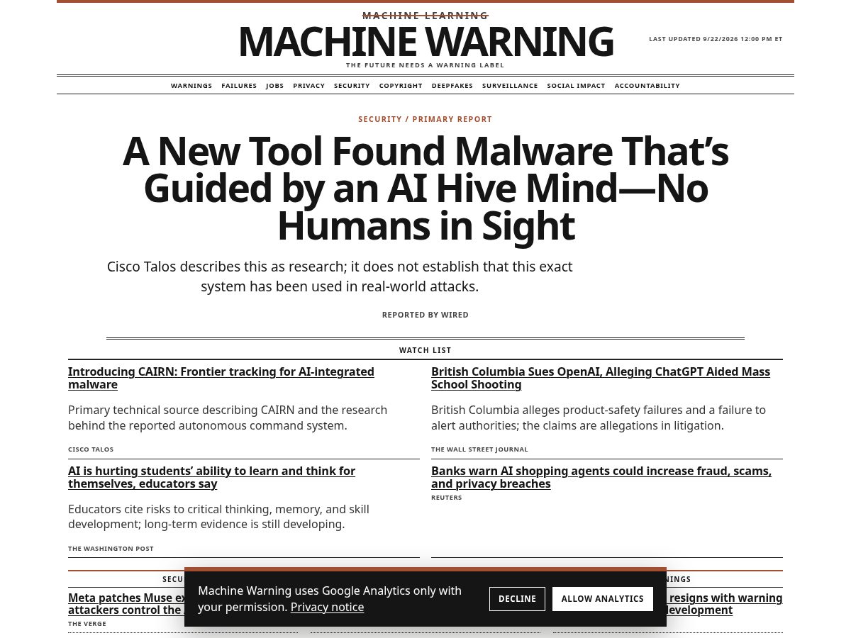 Landing-page snapshot of machinewarning.com
