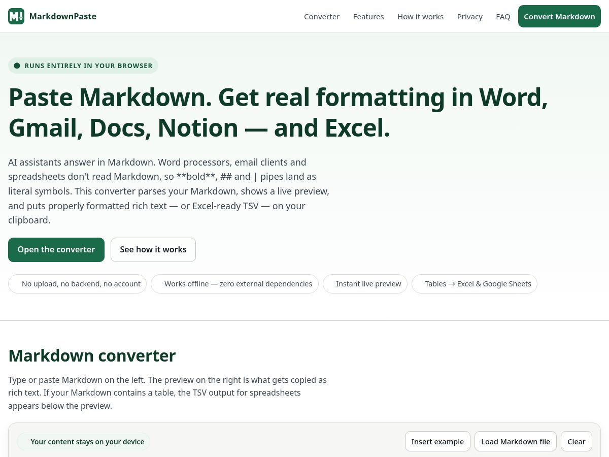 Landing-page snapshot of markdownpaste.online