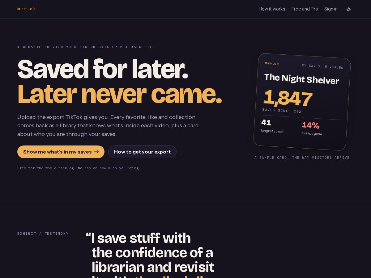 Landing-page snapshot of memtok.app