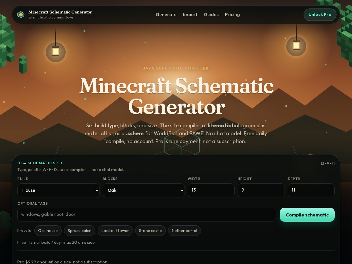 Landing-page snapshot of minecraftschematicgenerator.com