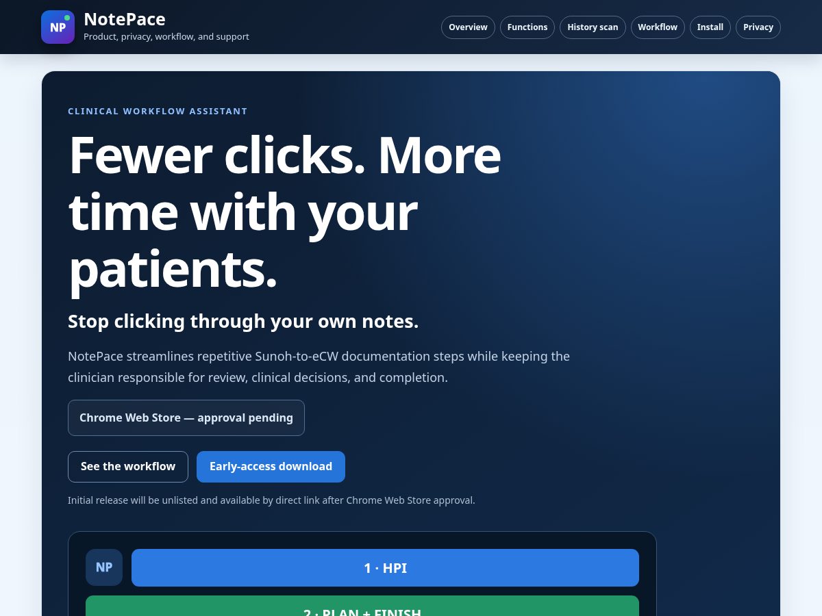 Landing-page snapshot of notepacemed.com