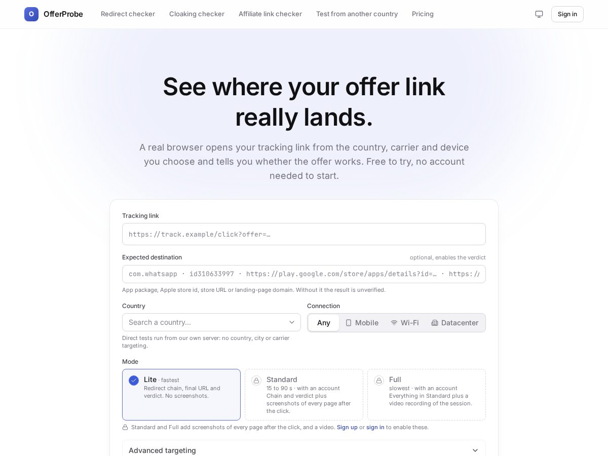 Landing-page snapshot of offerprobe.com