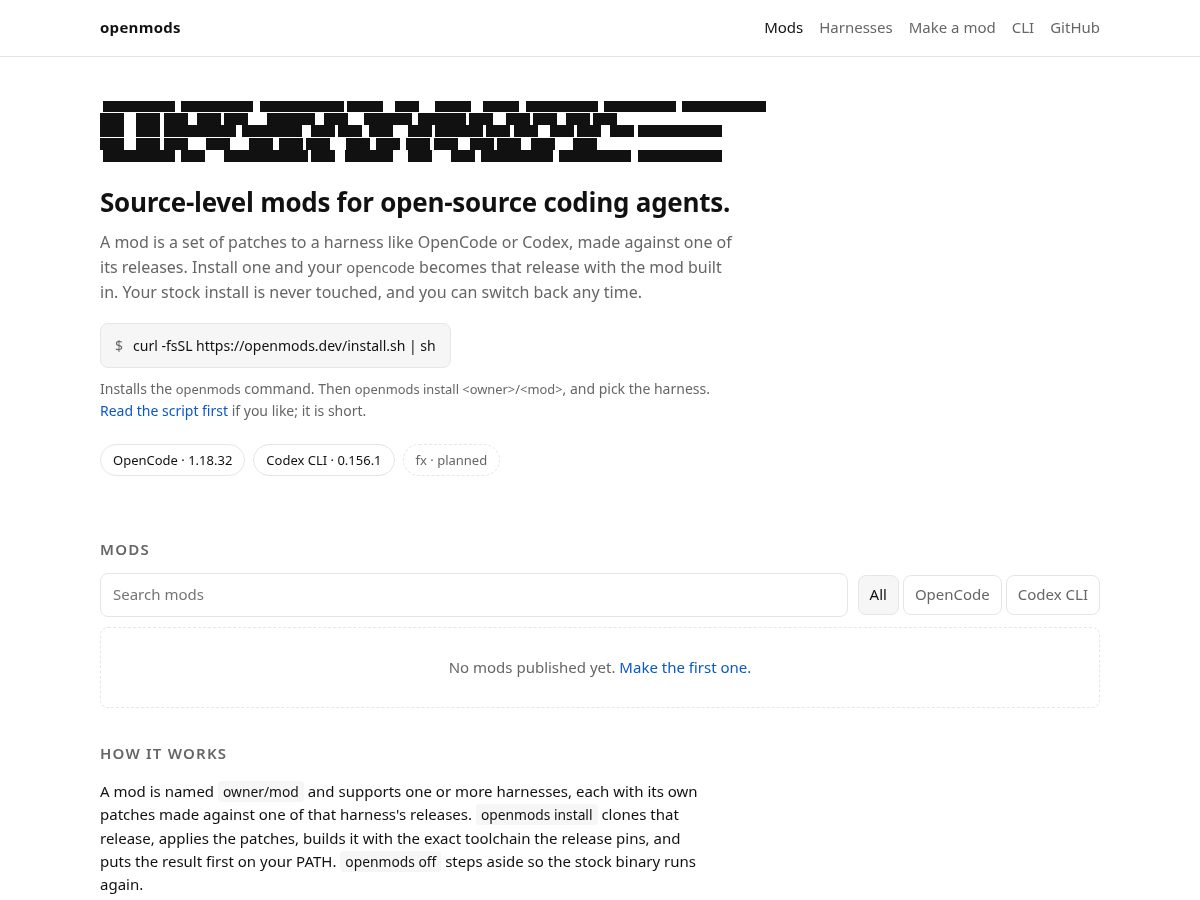 Landing-page snapshot of openmods.dev