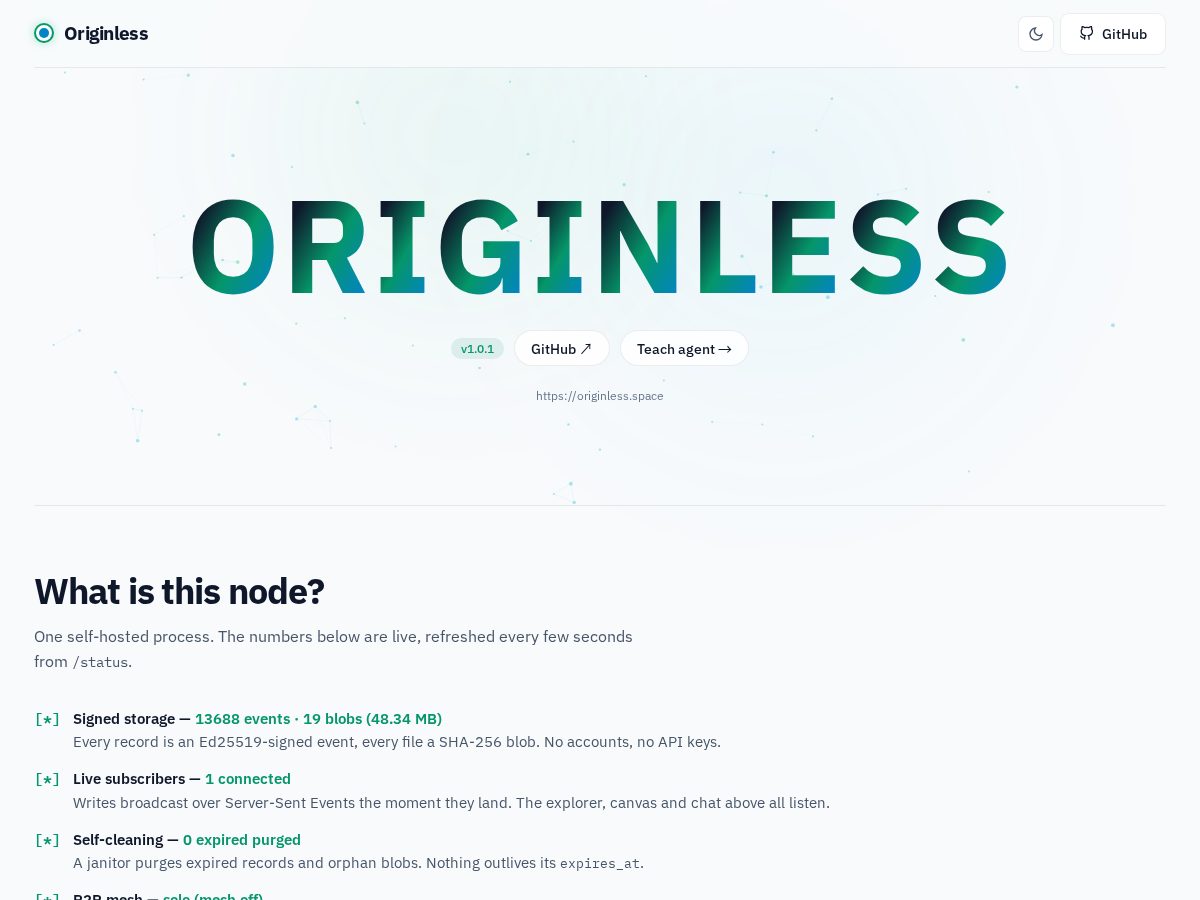 Landing-page snapshot of originless.space