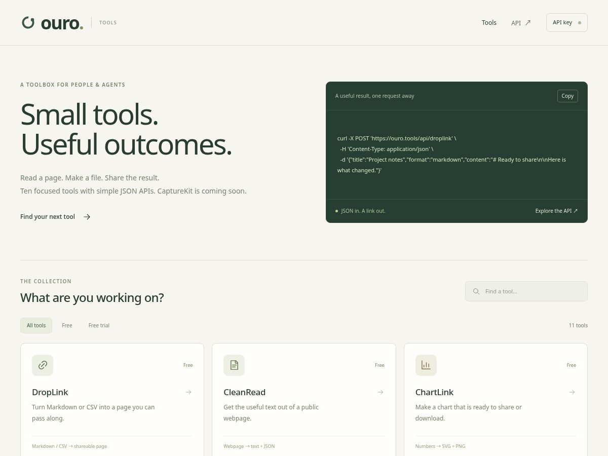 Landing-page snapshot of ouro.tools