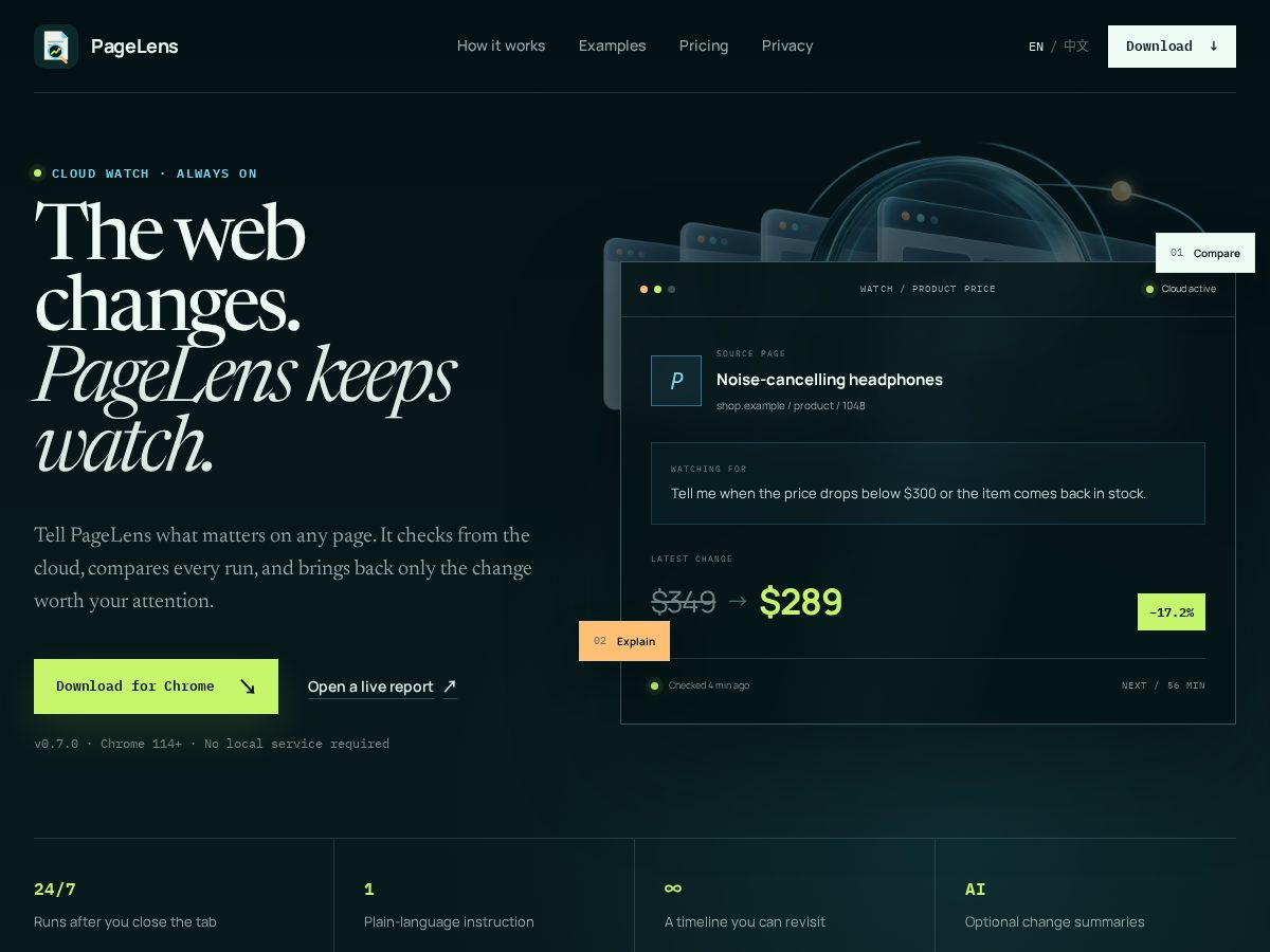 Landing-page snapshot of pagelens.net