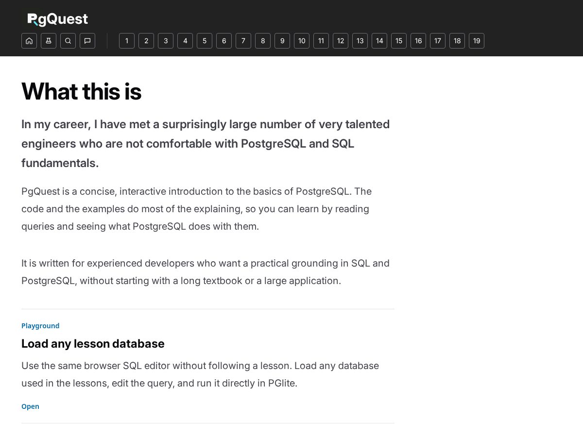 Landing-page snapshot of pgquest.dev