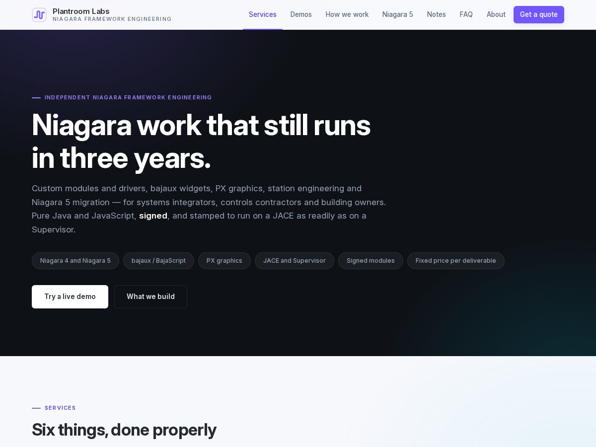 Landing-page snapshot of plantroomlabs.com