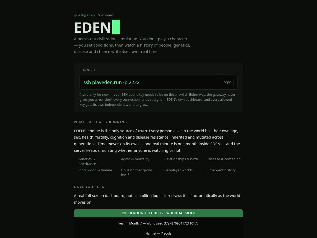 Landing-page snapshot of playeden.run