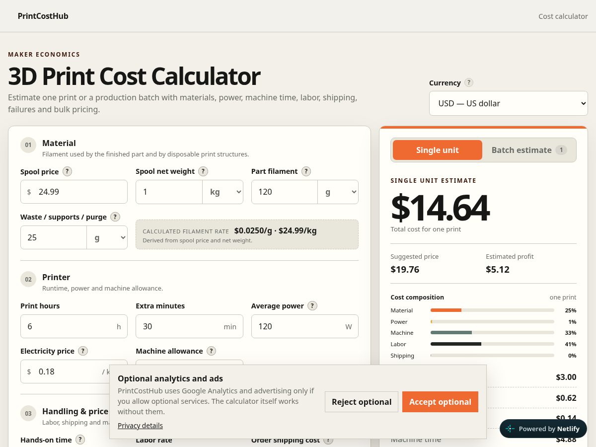 Landing-page snapshot of printcosthub.com