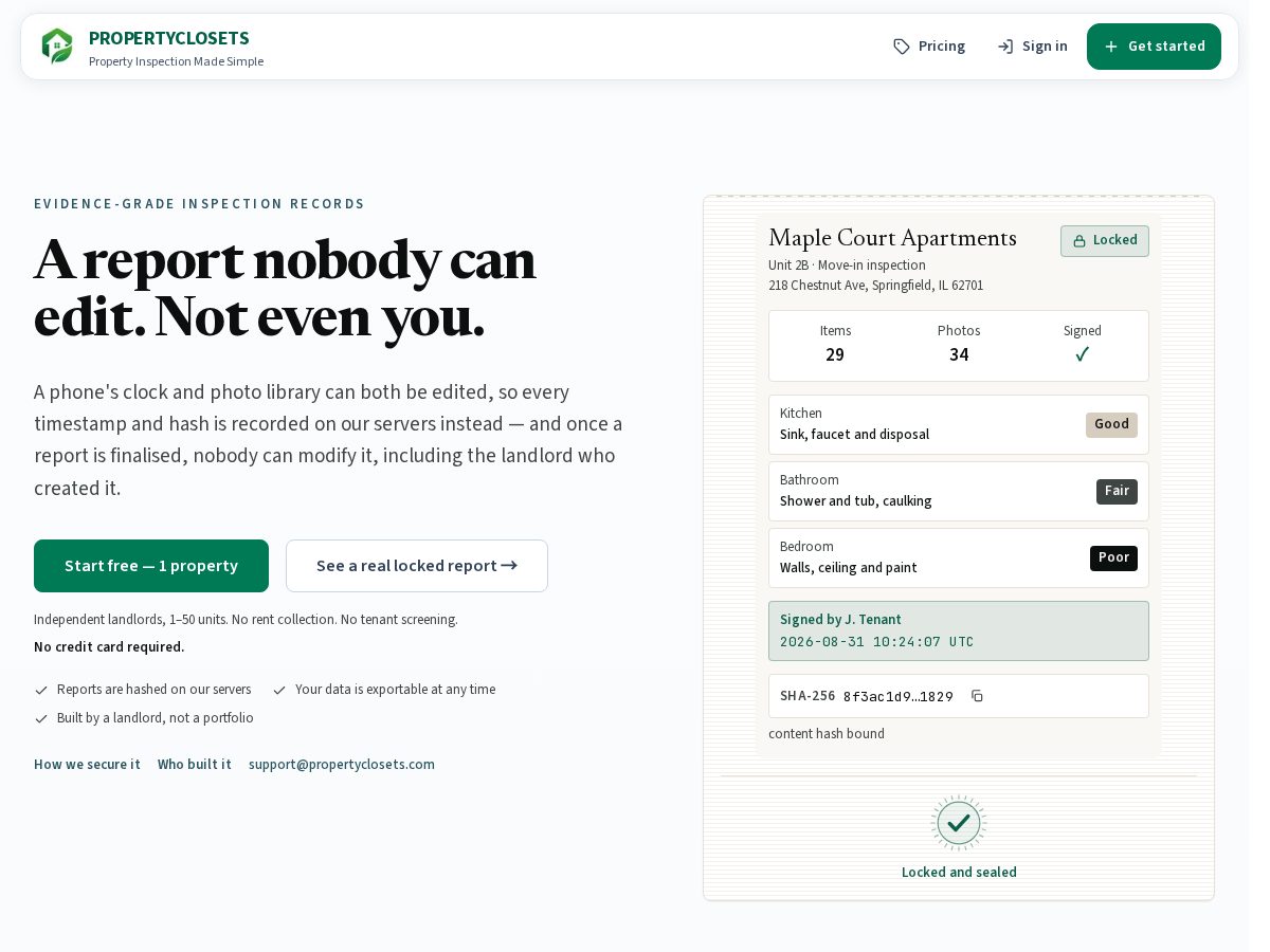Landing-page snapshot of propertyclosets.com