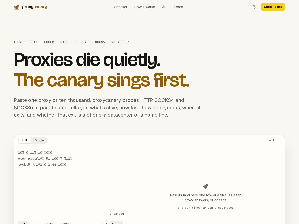 Landing-page snapshot of proxycanary.com