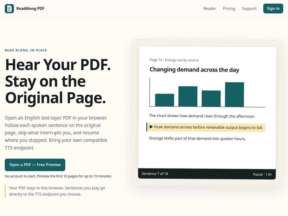 Landing-page snapshot of readalongpdf.online