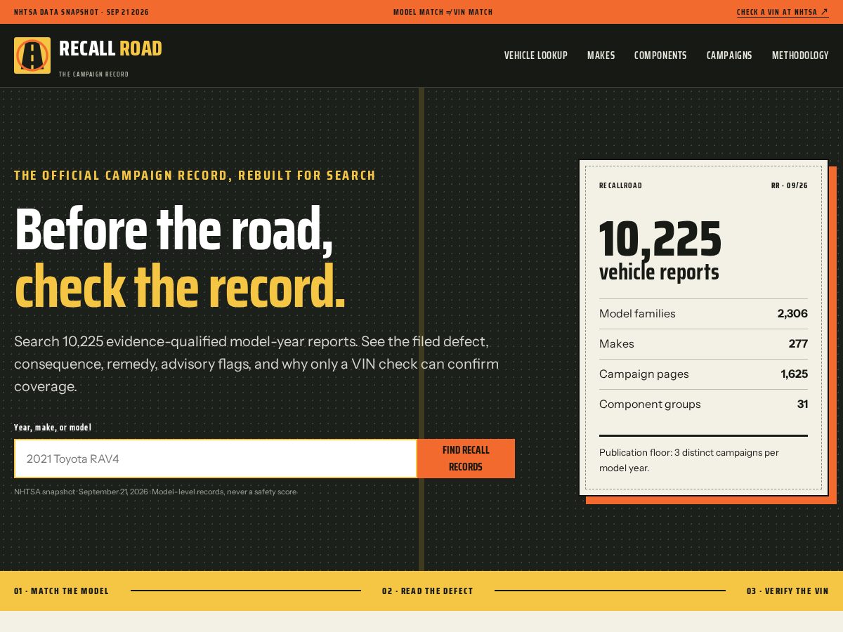 Landing-page snapshot of recallroad.com