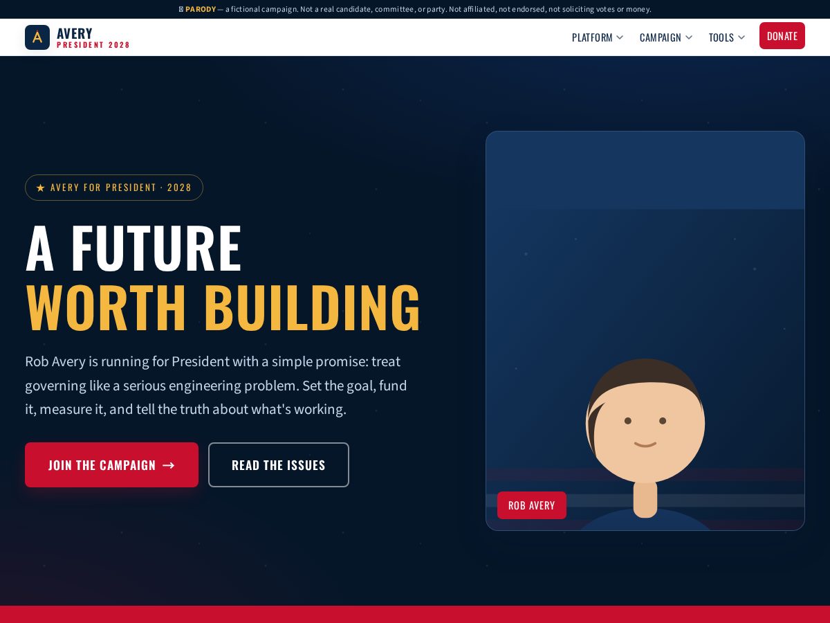 Landing-page snapshot of robaveryforpresident.com