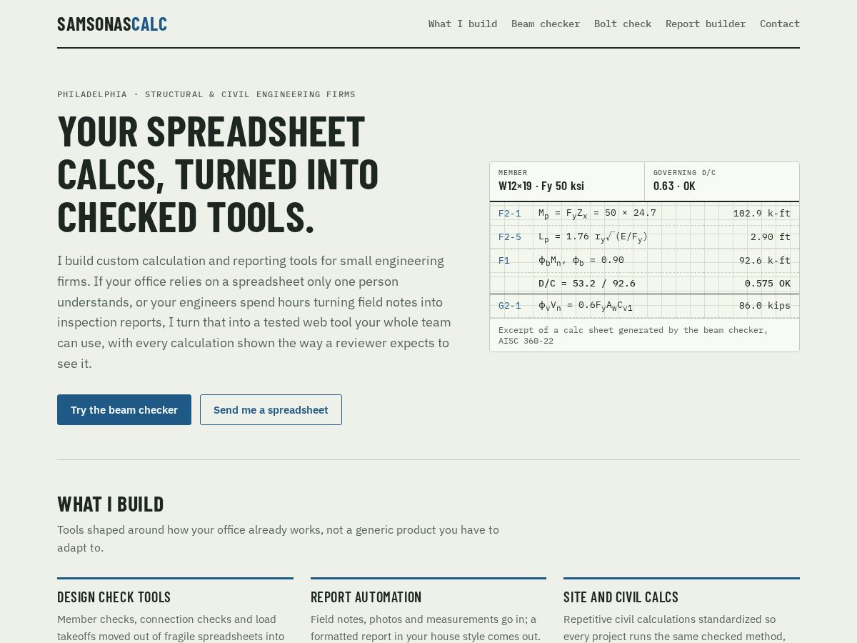 Landing-page snapshot of samsonascalc.com