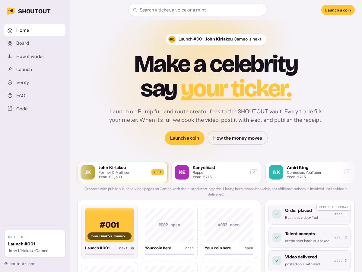 Landing-page snapshot of shoutoutsol.xyz