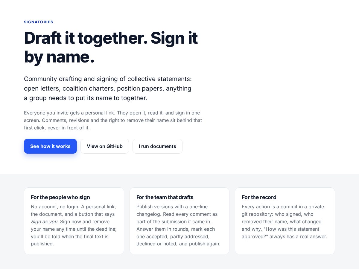 Landing-page snapshot of signatories.org