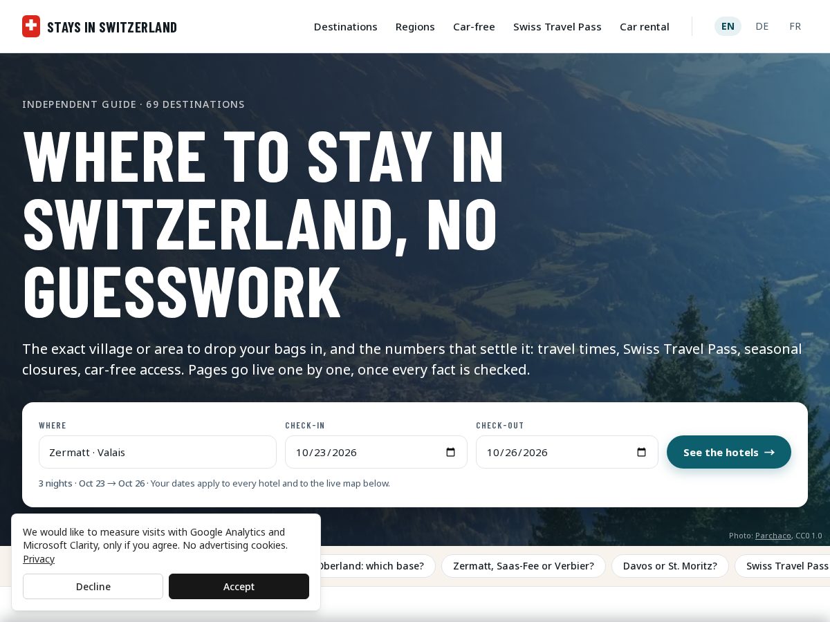 Landing-page snapshot of staysinswitzerland.com