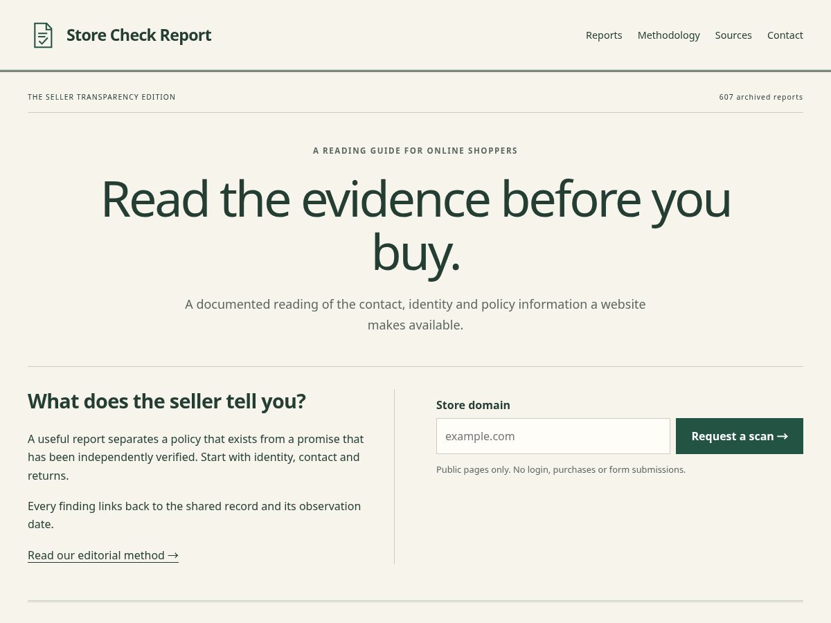 Landing-page snapshot of storecheckreport.com